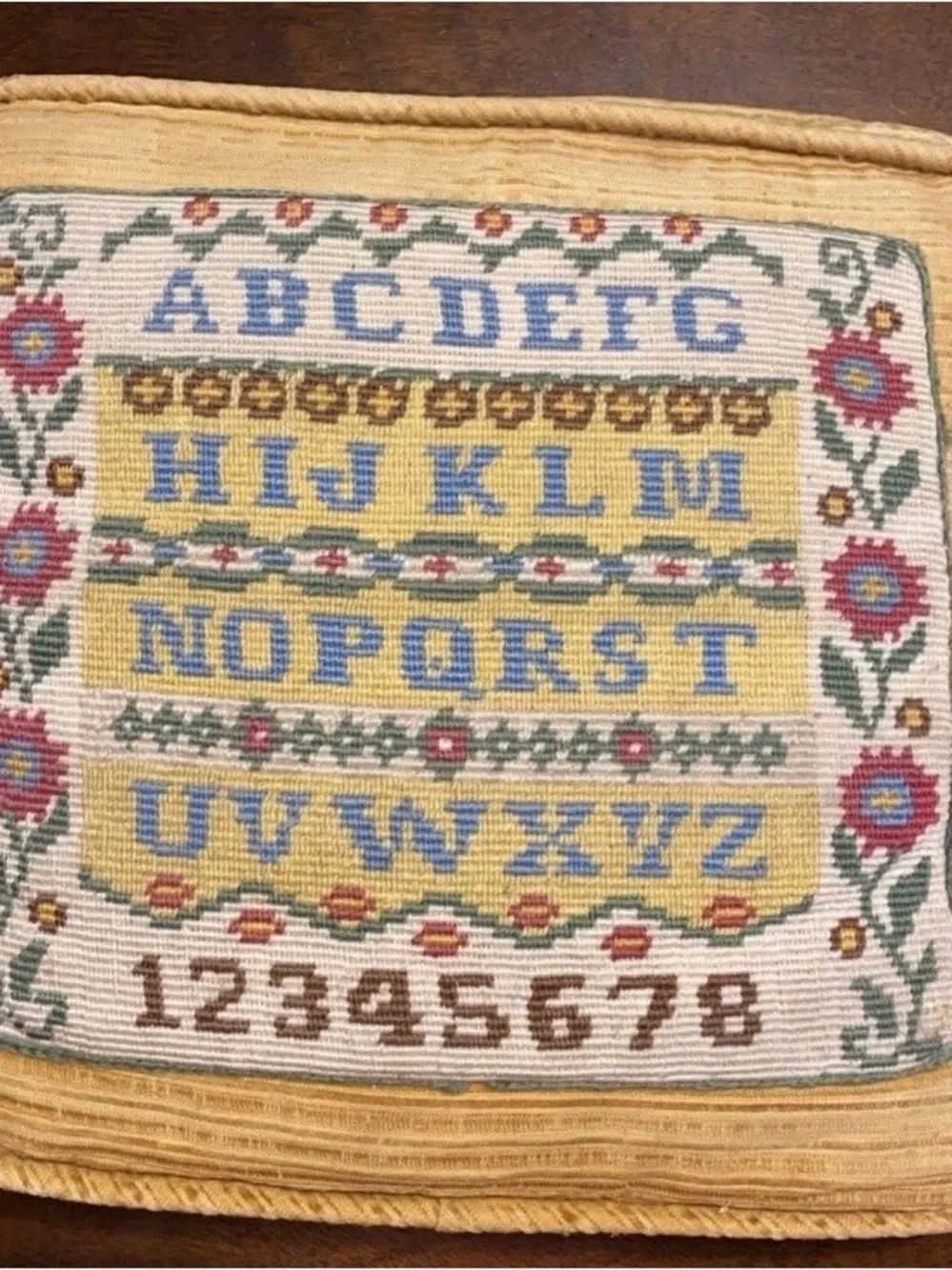 Vintage Embroidered Needlework Alphabet Sampler Pillow 12” x 12” -AA9